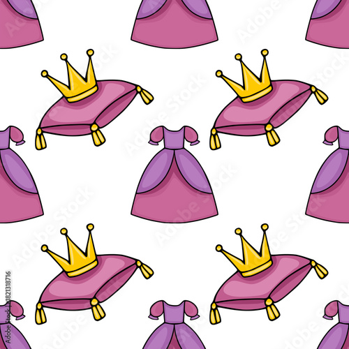 Seamless vector pattern featuring charming princess dresses and regal crowns on velvet cushions, rendered in a playful with a pastel color palette.