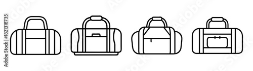 Outline drawing of duffel bags and gym bags for sports and travel with handle and pockets design