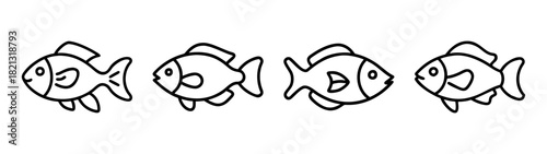 Four simple line drawing fish cartoon illustration vector graphic design for kids coloring page