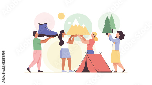 A vibrant vector illustration depicting a group of four diverse figures with one prominently holding a bright blue object rendered in a clean modern style with bold colors and clear lines