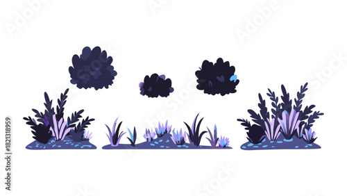 A set of cartoon bushes is presented in a flat style, featuring a collection of green plants alongside black silhouettes on a white background