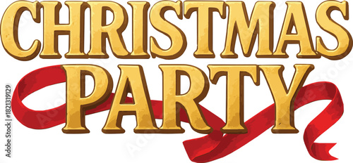 Gold Christmas Party Text with Ribbon