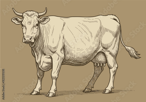 Hand-drawn dairy cow illustration in a classic engraving style, isolated vector artwork for farming and agricultural design