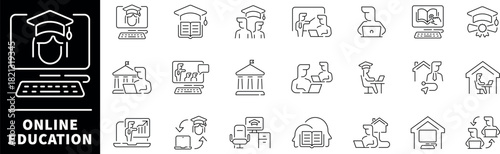 Online education icon set. Thin line icons set related to online education and E-learning. Online education web icons in line style. Collection of distance learning related outline icons