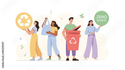 Abstract vector illustration of four stylized figures one holding a yellow object with vibrant geometric shapes and a clean modern aesthetic suitable for graphic design projects