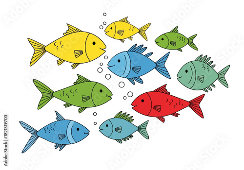 Colorful School of Fish Illustration on White Background.