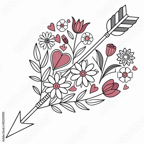 Arrow through floral arrangement with hearts and daisies illustration.