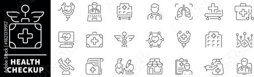 Health checkup icon set. Thin line icons set related to health checkup and health care. Health checkup web icons in line style.