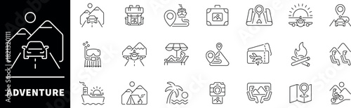 Adventure icon set. Thin line icons set related to adventure and travel. Adventure web icons collection in line style.