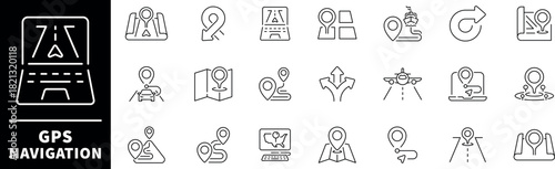 GPS navigation icon set. Thin line icons set related to GPS and navigation. GPS navigation web icons in line style. Collection of GPS related outline icons