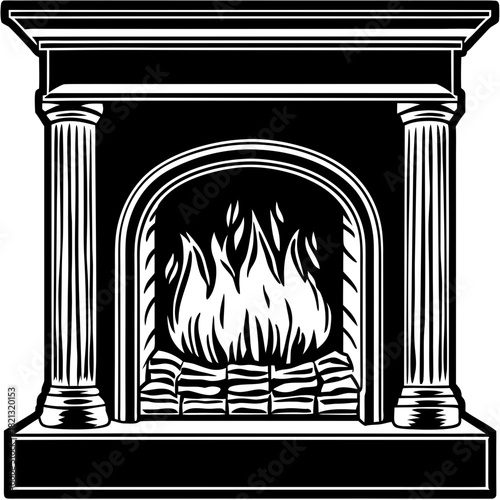 Elegant Fireplace with Burning Flames and Classic Design.