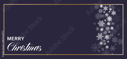 Elegant Christmas banner, featuring a minimalist aesthetic with the greeting Merry Christmas, snowflakes, and a luxurious golden border background