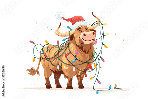 Festive highland cow adorned with Christmas lights and Santa hat for holiday cheer