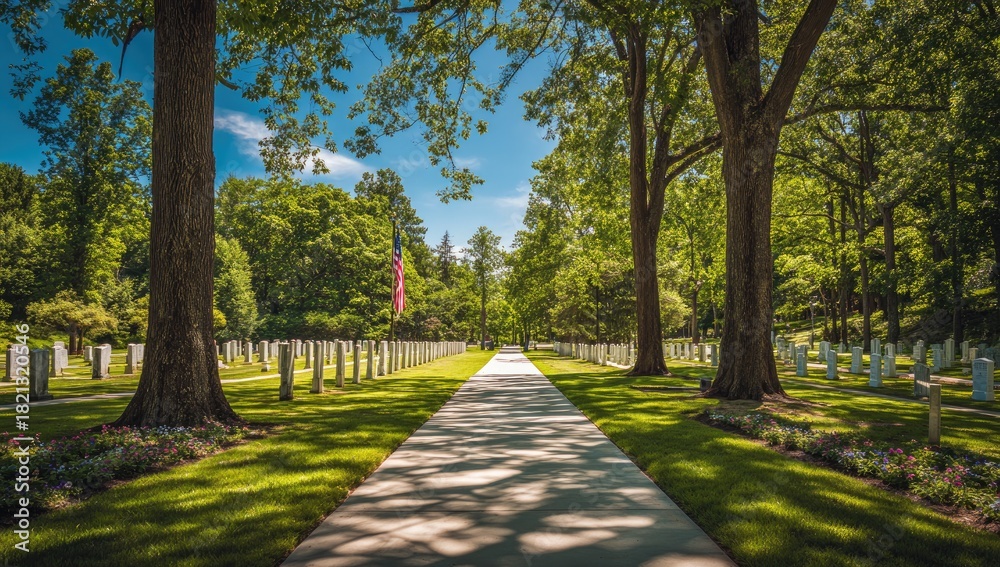 Obraz premium Long, straight pathway lined with trees and headstones leading to an American flag