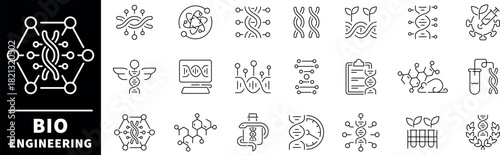 Bio engineering icon set. Thin line icons set related to bio engineering and DNA. Farming web icons collection in line style. Biotechnology, biochemistry, science, laboratory, biology, DNA