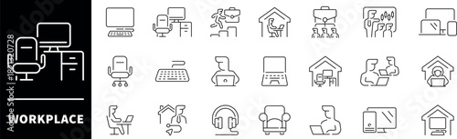 Work place icon set. Thin line icons set related to work place and workspace. Work place icons collection in line style. Office, remote working, meeting, co-worker, workspace, desktop