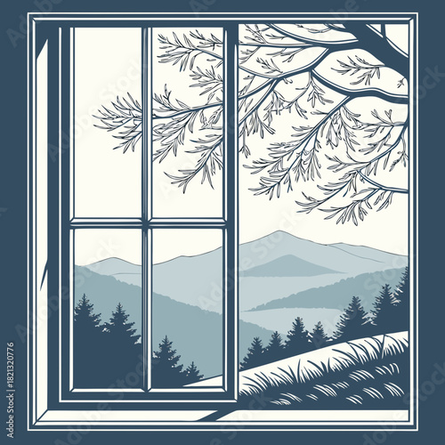 Winter Window View Mountains and Trees in a Stylized Illustration.