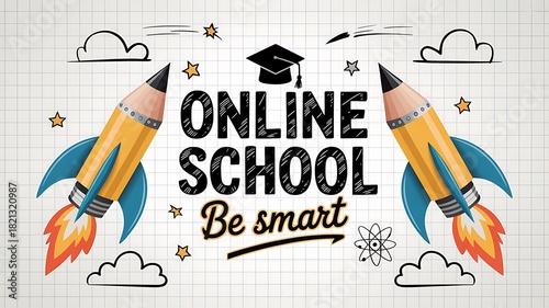 On a squared background, two pencil rockets frame online school texts and icons