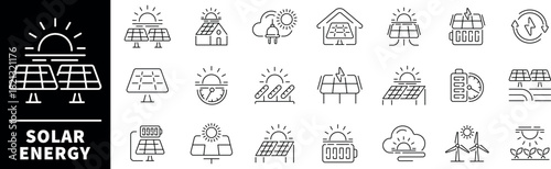 Solar energy icon set. Thin line icons set related to solar energy and electricity. Solar energy icons collection in line style. Power, energy resources, electricity; solar energy, electric icons