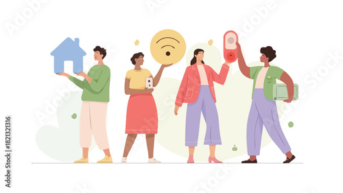 A group of four diverse figures with one holding a vibrant blue object presented in a clean modern vector design with a variety of color options