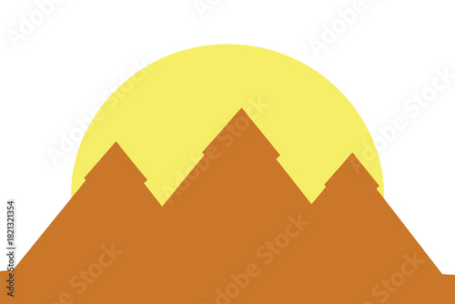 A stylized illustration depicts three pyramids silhouetted against a large, bright yellow sun on a white background.