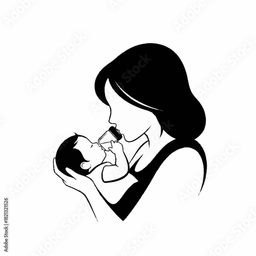 Mother lovingly feeding her baby with a bottle in her arms.