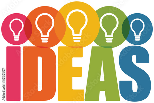 A colorful graphic displays the word "IDEAS" with five illuminated light bulbs symbolizing innovation and creativity in a modern visual representation.