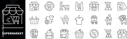 Supermarket icon set. Thin line icons set related to Supermarket and shopping. Supermarket icons collection in line style. Supermarket, mall, hypermarket, market, store, shopping icons