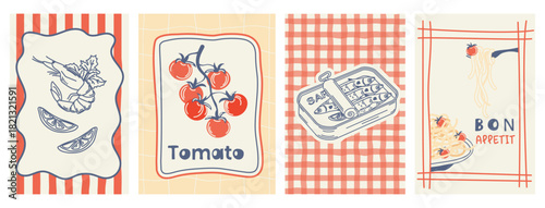 A minimalist poster featuring Italian cuisine. Hand-drawn illustration of sardines, pasta, tomato, and shrimp