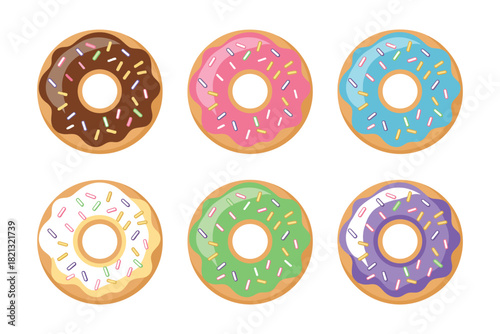 A colorful assortment of six frosted donuts with sprinkles is displayed against a white background.