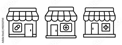 Illustration of pharmacy store front with medical cross and pill symbol for healthcare needs