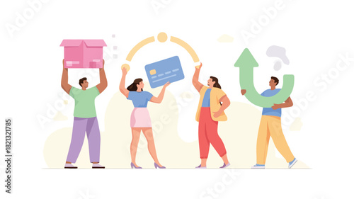 A vibrant vector illustration featuring a group of four diverse figures with one prominently holding a bright pink object rendered in a rich cmyk color palette with bold accents