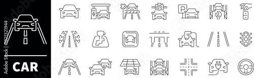 Car icon set. Thin line icons set related to car and vehicles. Car icons collection in line style.