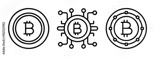 Bitcoin cryptocurrency digital currency blockchain technology icons vector illustration set line art
