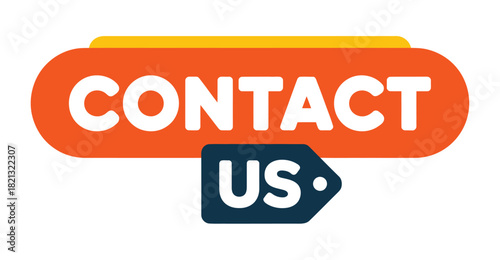 A vibrant orange and yellow banner with the word "CONTACT" prominently displayed above a dark blue tag that reads "US".