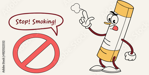 Cartoon cigarette character protesting smoking with a speech bubble and prohibition sign for health awareness and anti-smoking campaigns, originally vector graphics