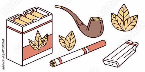 Classic tobacco smoking set with pipe, cigarette pack, lighter and leaves, evokes vintage lifestyle and refined taste, perfect for lifestyle and design projects