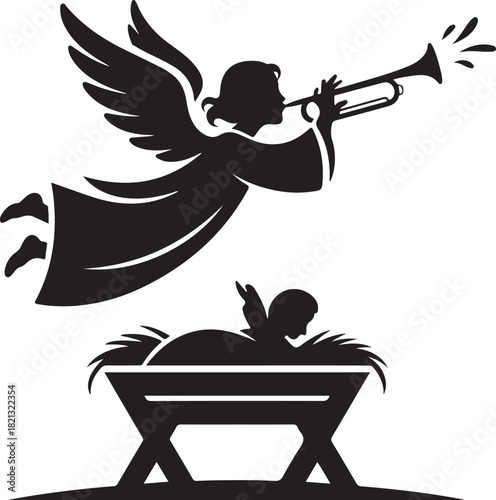 Angel with trumpet over baby jesus in manger silhouette