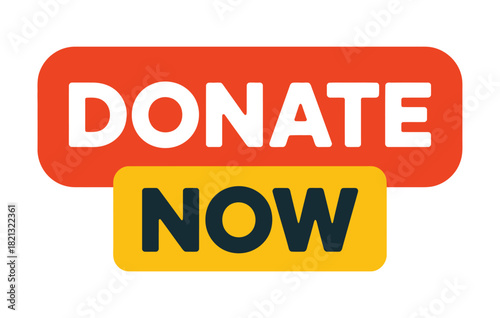 A bold graphic displays the words "DONATE NOW" in large, white and dark lettering against bright red and yellow backgrounds, encouraging immediate contributions.