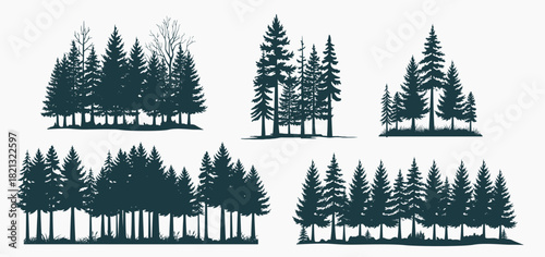 Modern Bundle Forest Pine Vector Collection with Dense Evergreen Trees, Woodland Silhouettes, Nature Backgrounds and Outdoor Adventure Landscape Graphics.
