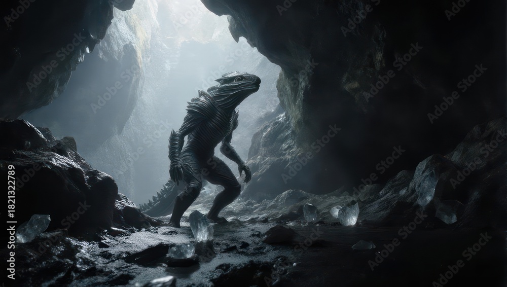 Fototapeta premium Mysterious reptilian humanoid creature standing in a dark cavern.