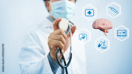Doctor Holding Stethoscope with Global Health Icons