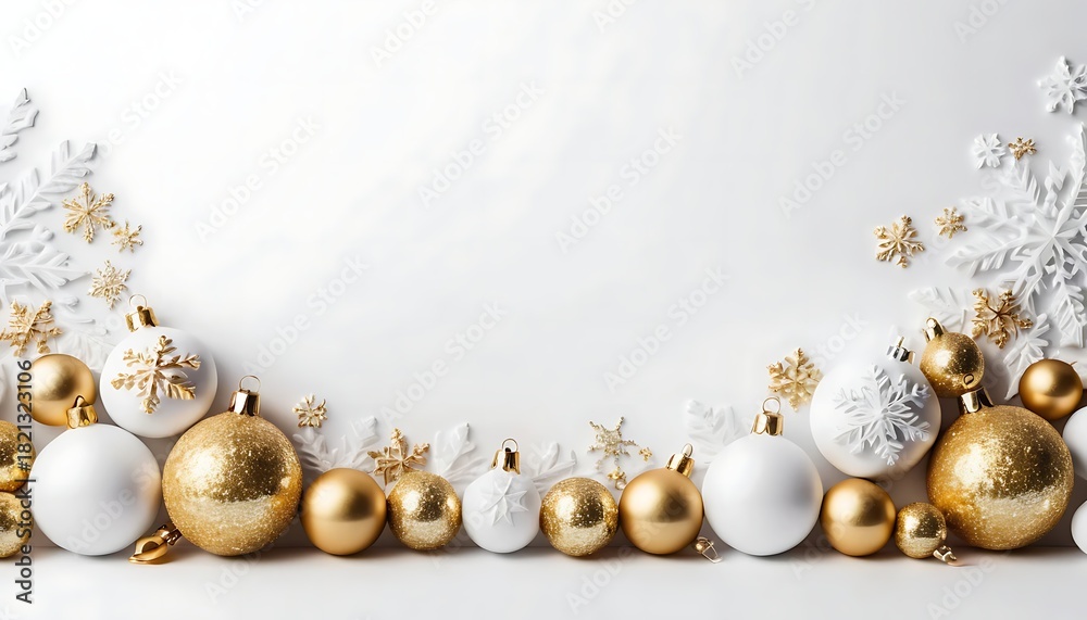 Fototapeta premium Festive arrangement of white, gold ornaments, snowflakes on a white backdrop