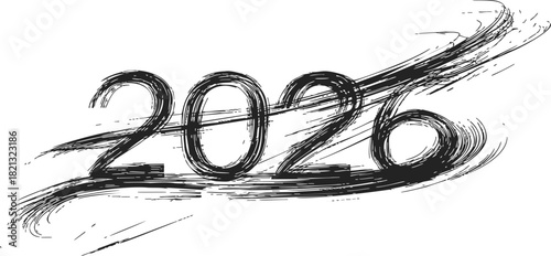 2026 year number, hand drawn sketch style with flowing brushstrokes. Vector illustration
