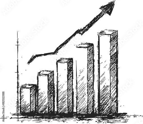 Bar chart sketch hand drawn with upward arrow showing growth trend. Vector illustration