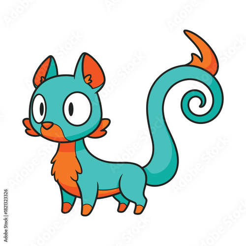 Cartoon drawing of a small, teal and orange, feline creature