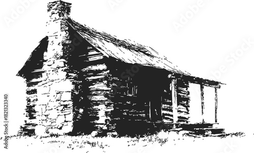 Log cabin sketch hand drawn rustic wooden house with stone chimney and porch. Vector illustration