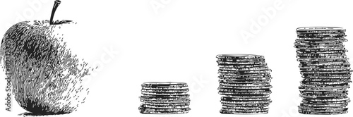 Apple and stacks of coins sketch, hand drawn, symbolizing growth and investment. Vector illustration