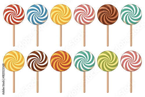 A collection of twelve colorful swirl lollipops arranged in two rows on white background.