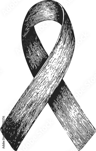 Black ribbon sketch, hand drawn awareness symbol for mourning and melanoma. Vector illustration
